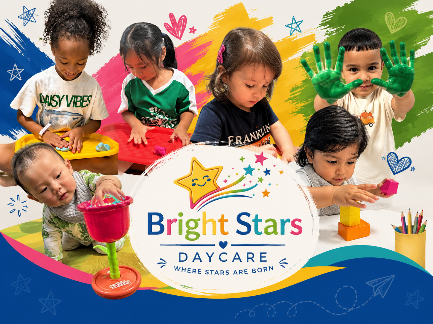 Bright Stars Daycare children playing with sensory bins, blocks, and paint around the Bright Stars logo