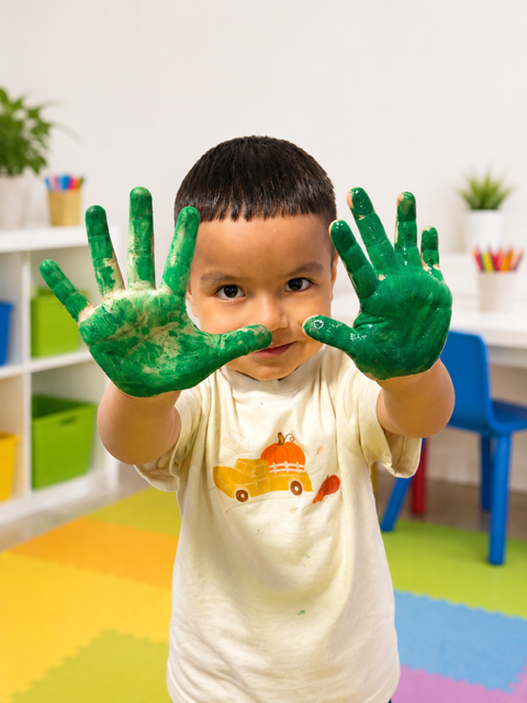A preschooler proudly showing green paint-covered hands